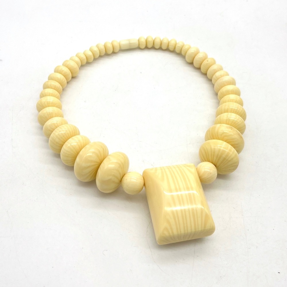 Vintage French Celluloid Graduated Bead Necklace Cream Faux Art Deco